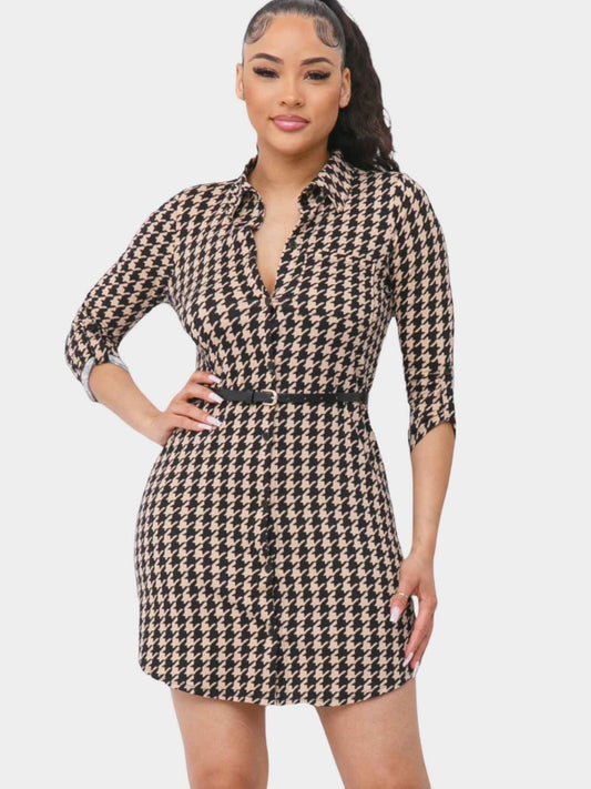 Olivia belted shirt dress in houndstooth pattern featuring a button-up front and stylish collar