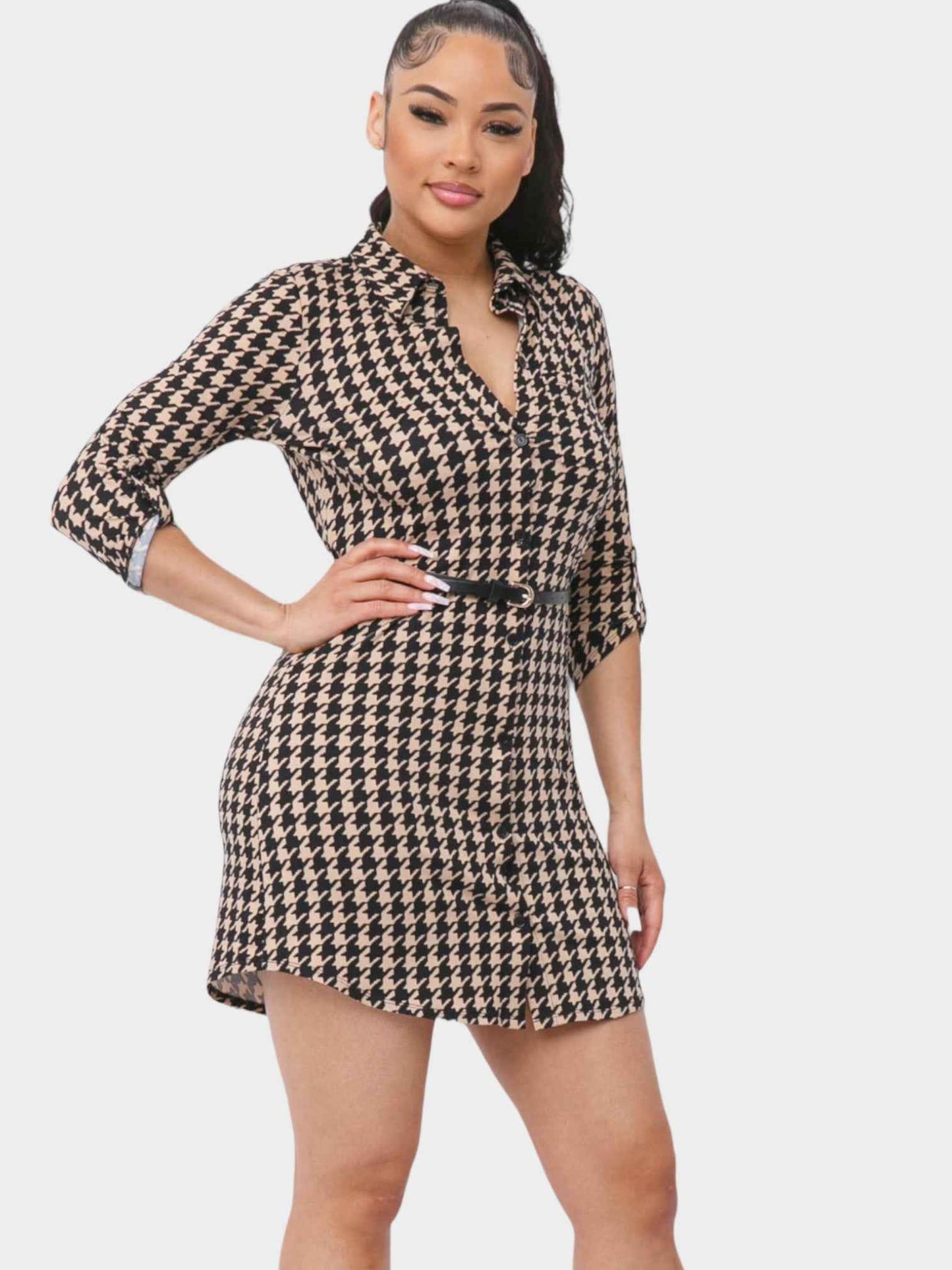 Pikemla Olivia belted shirt dress in houndstooth pattern, featuring a stylish collar and fitted waist
