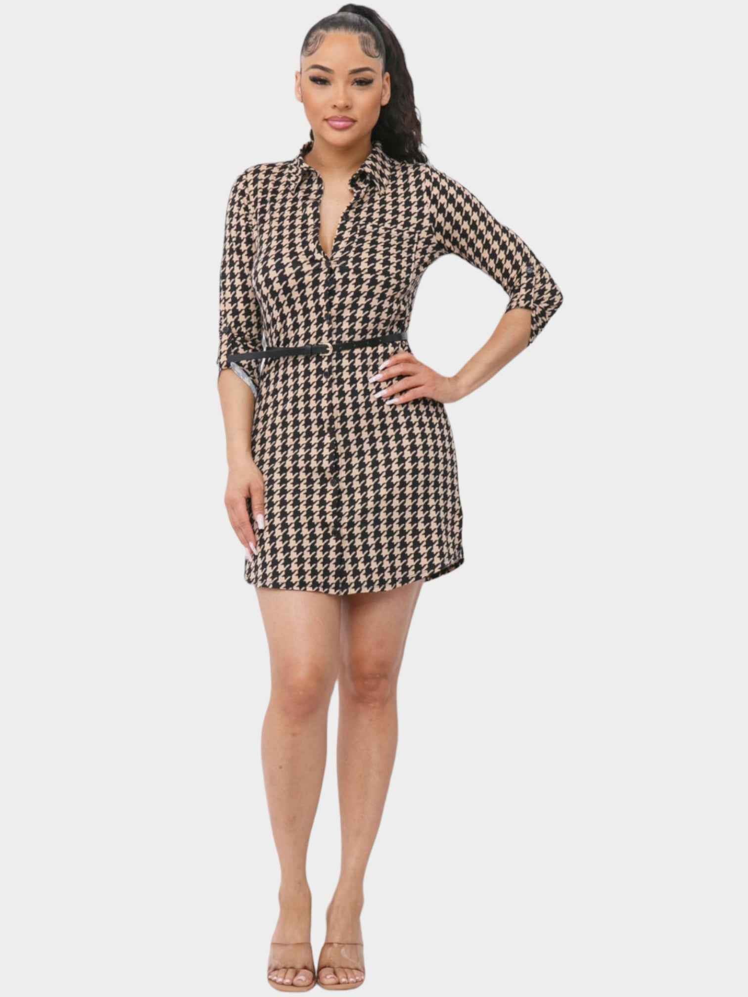 Pikemla Olivia belted shirt dress in patterned fabric, short sleeves, and flattering fit