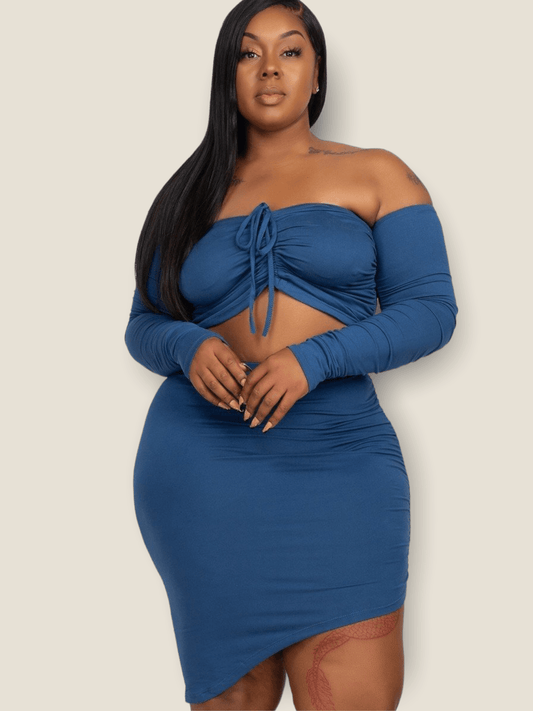 Plus size blue skirt set by Pikemla with off-the-shoulder top and fitted skirt for a stylish look