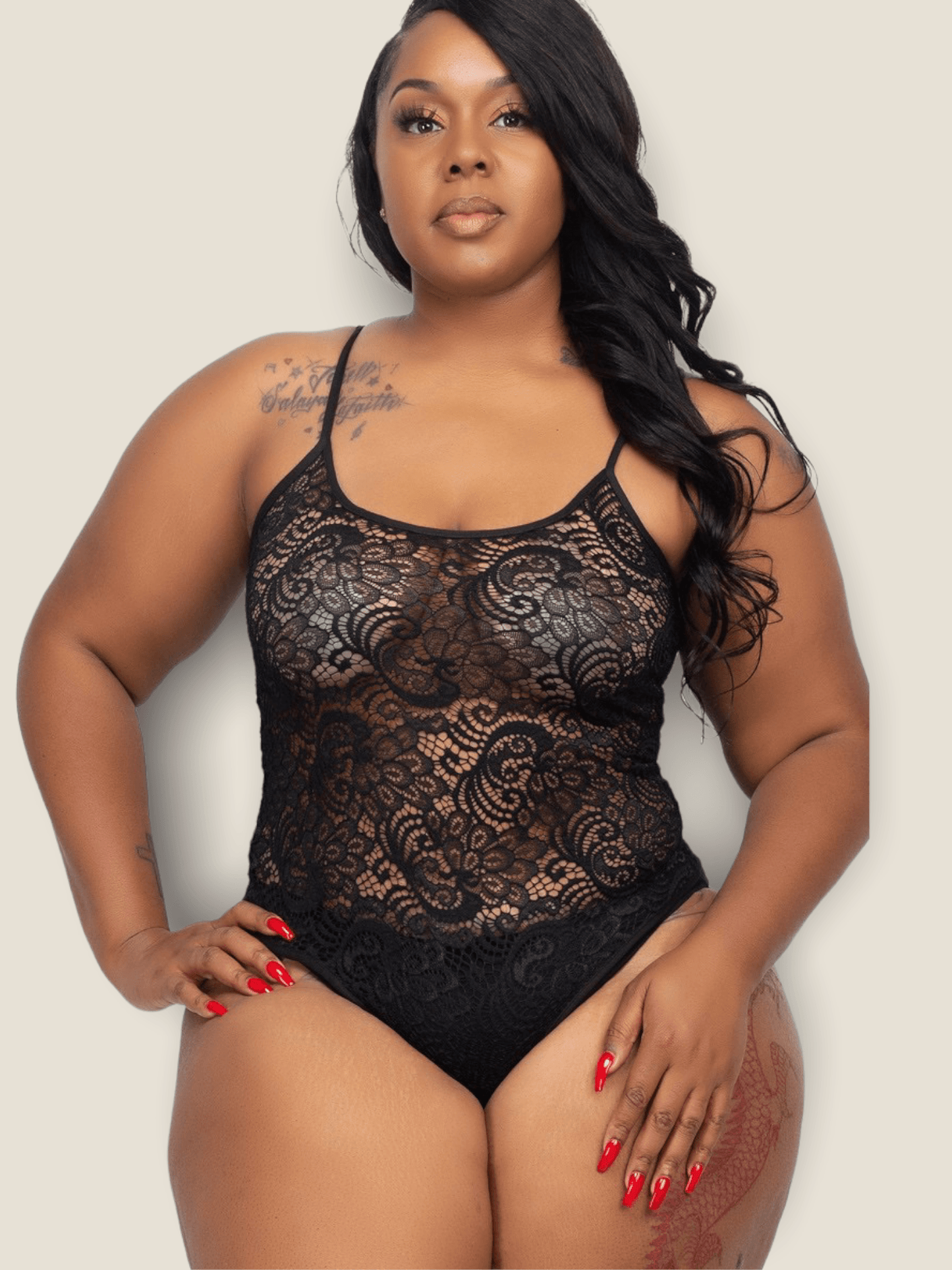 Pikemla plus size lace bodysuit in black with intricate floral patterns and adjustable straps