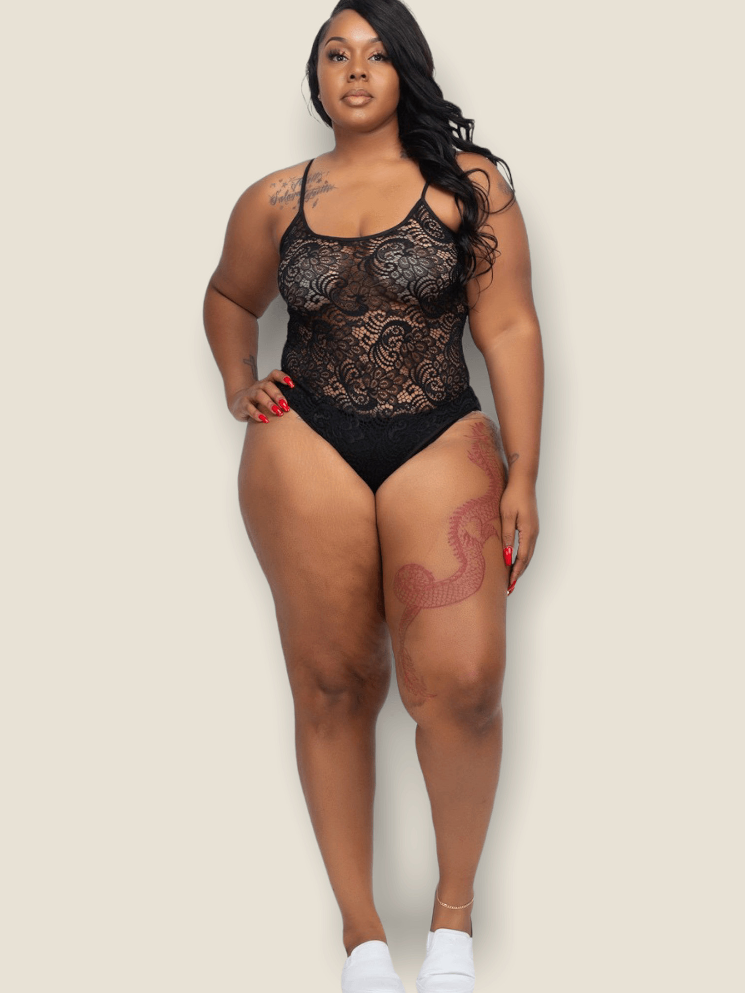 Pikemla plus size lace bodysuit in black with intricate lace detailing and adjustable straps