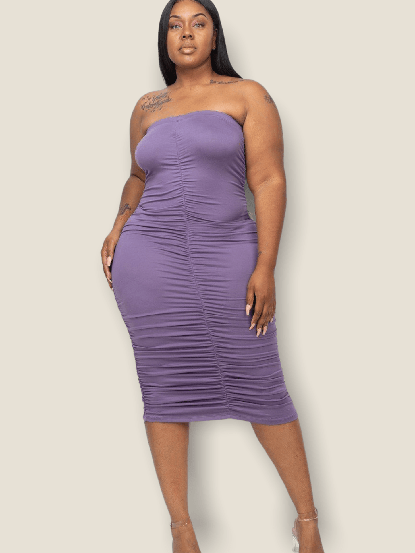 Pikemla plus size ruched midi dress in purple featuring a strapless design and body-hugging fit