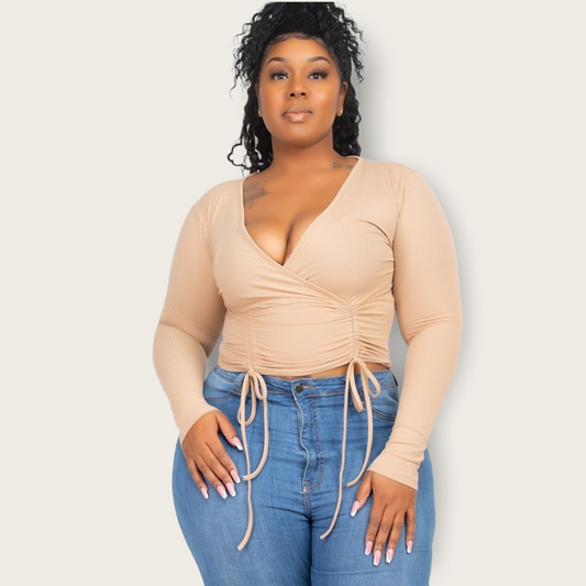 Pikemla plus size tan ruched top with long sleeves and adjustable ties for a stylish fit