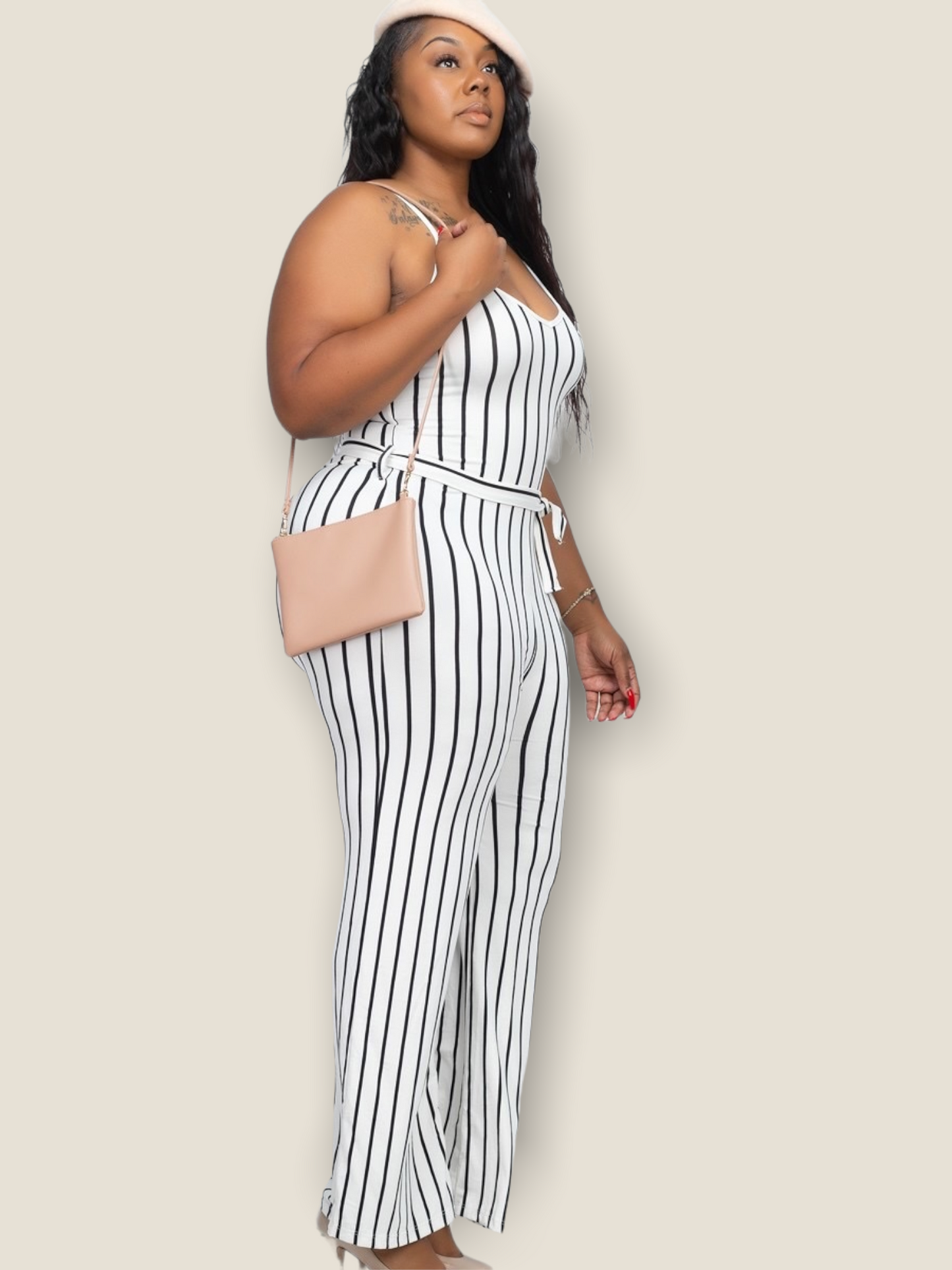 Pikemla plus size white striped jumpsuit with adjustable straps and a stylish fit