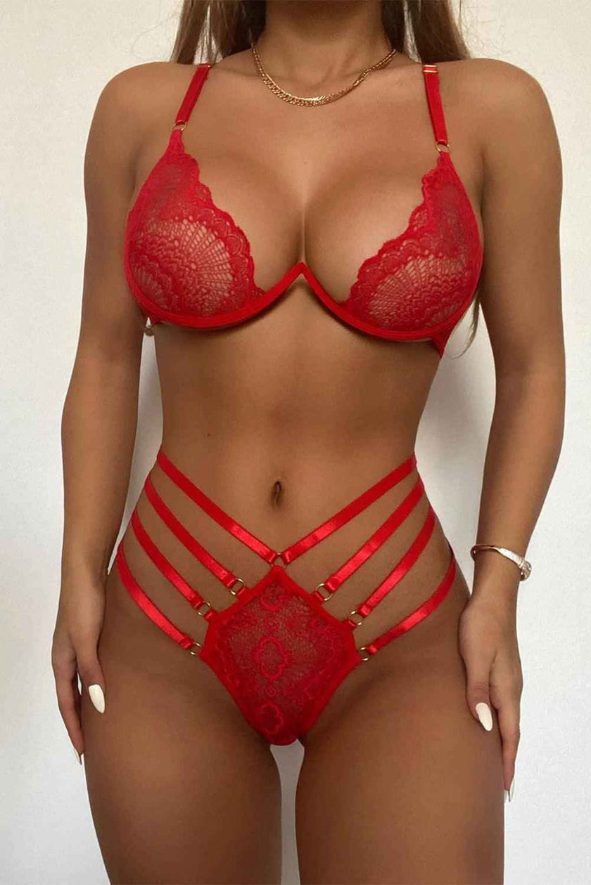 Pikemla red caged lace lingerie set featuring intricate lace and strappy detailing for a stunning look