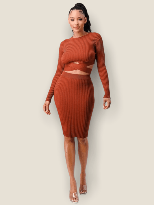 Pikemla ribbed knit skirt set for women in rust color with long sleeves and a stylish cut-out design
