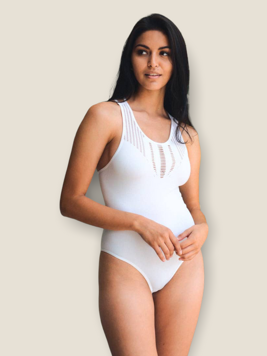 Stylish white ribbed bodysuit for women with a flattering scoop neckline and ribbed detailing