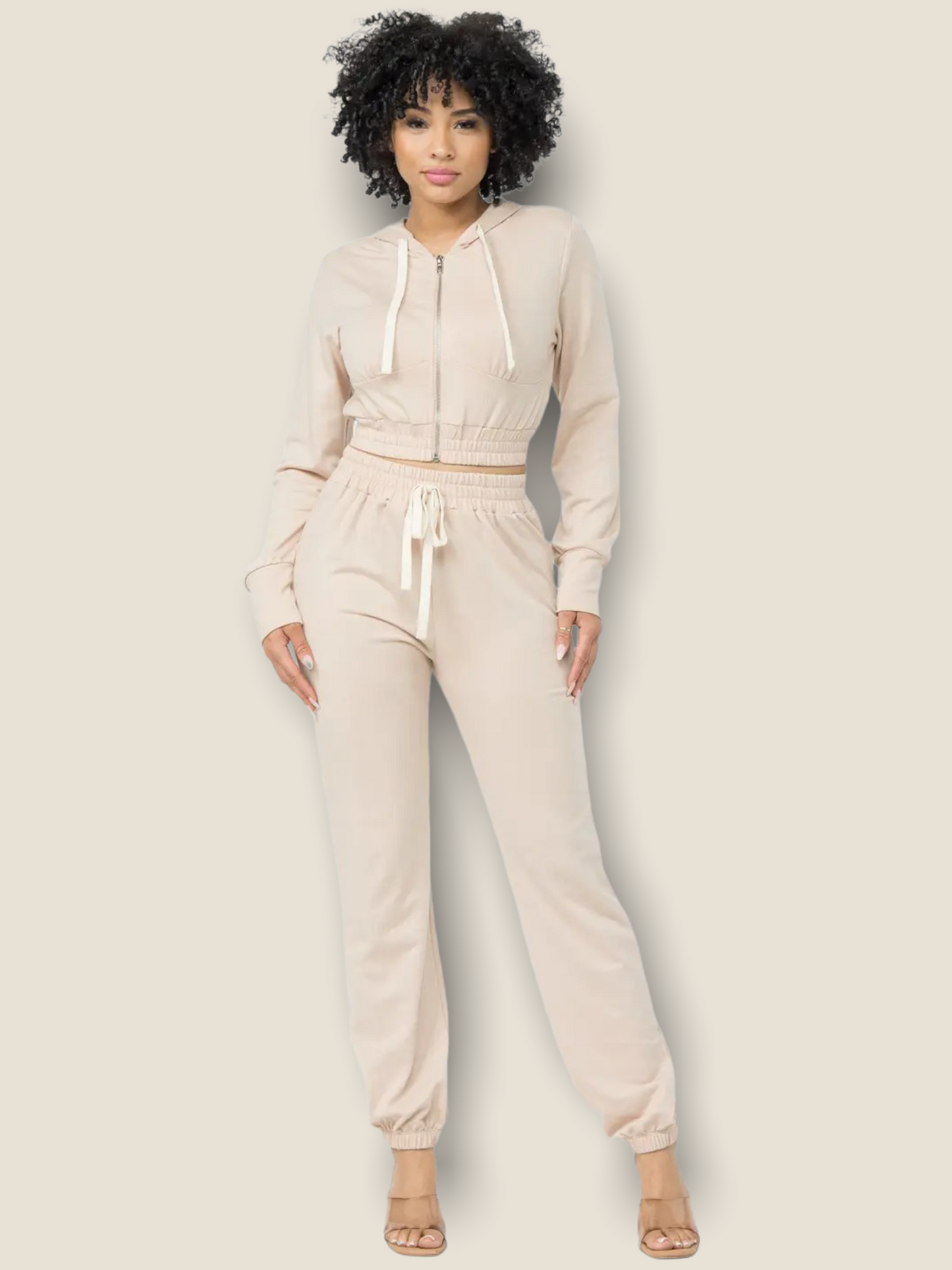 Pikemla women's oatmeal jogger set featuring a zip-up hoodie and drawstring pants for comfort