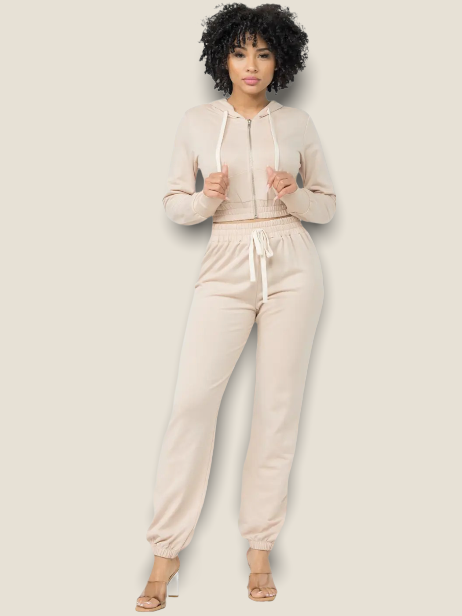 Pikemla women's oatmeal jogger set featuring a cropped hoodie and matching joggers for comfortable casual wear