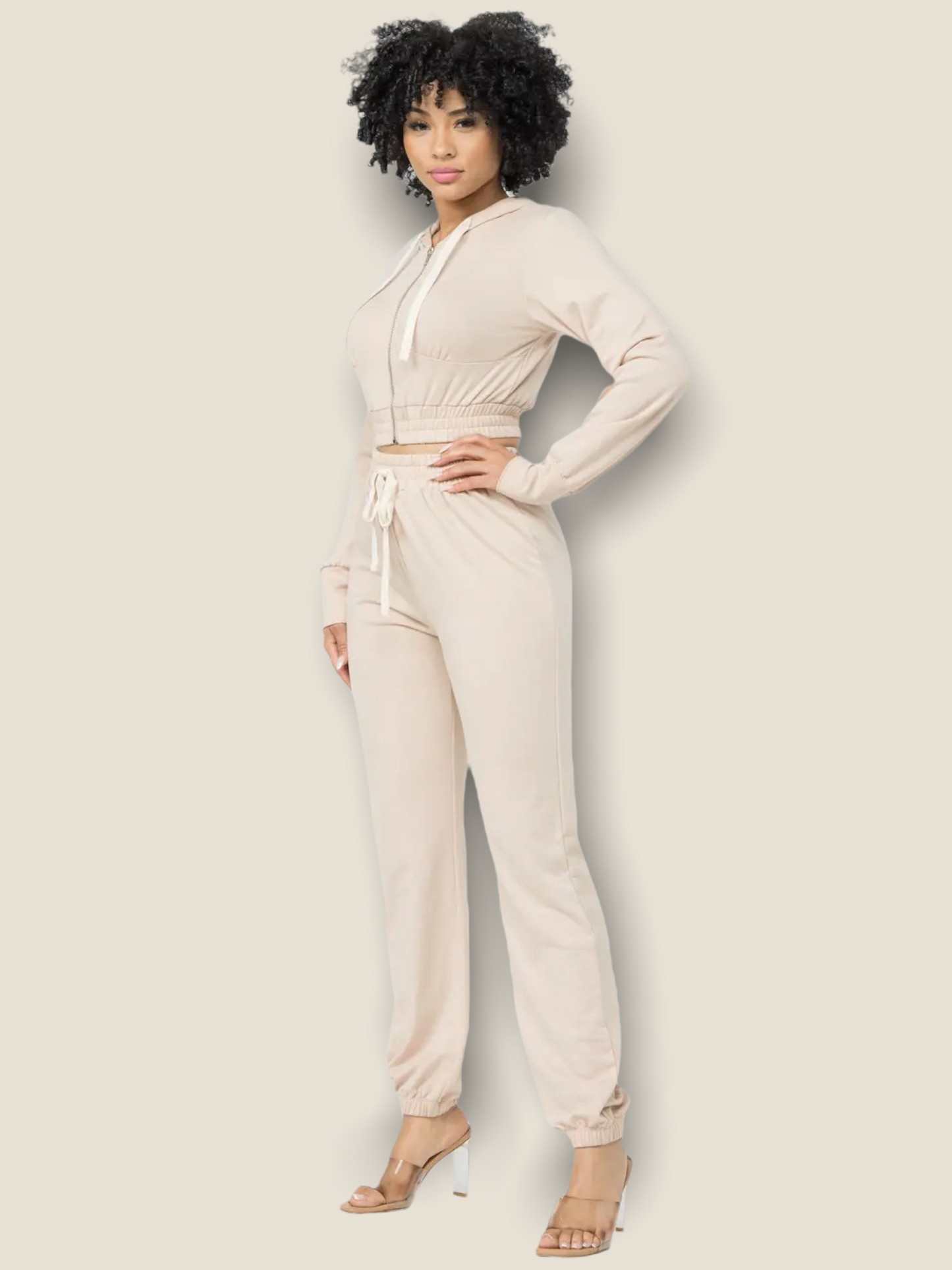 Pikemla women's oatmeal jogger set featuring a cropped hoodie and matching jogger pants for a stylish look