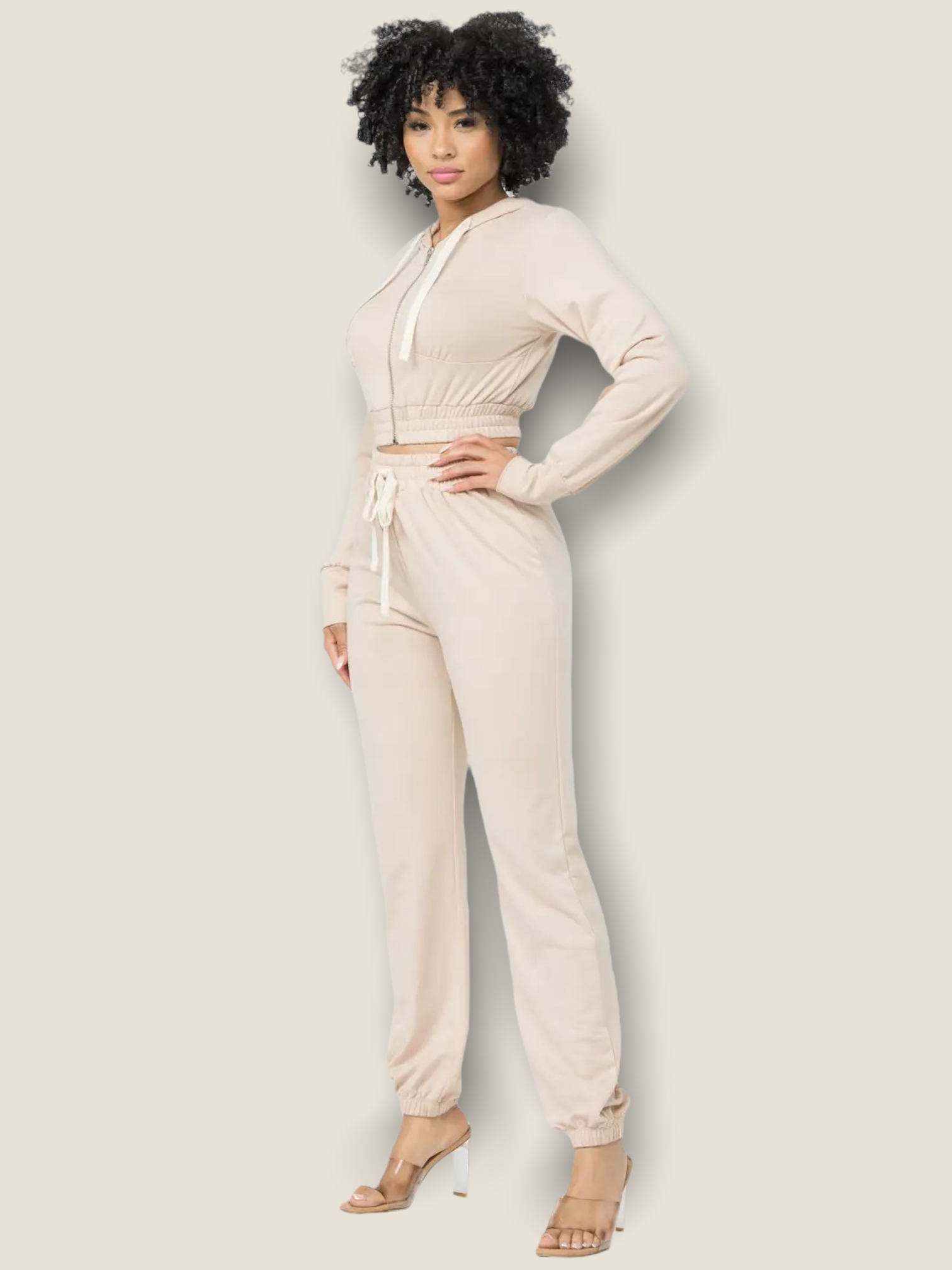 Pikemla women's oatmeal jogger set featuring a cropped hoodie and matching jogger pants for a stylish look